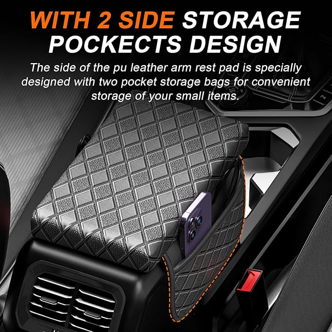 Upgraded Center Console Armrest Cover with Side Pockets, Thickened Leather Car Armrest Cover with 2 Storage Bags, Universal Car Center Console Cover Interior Accessories for Most Vehicles
