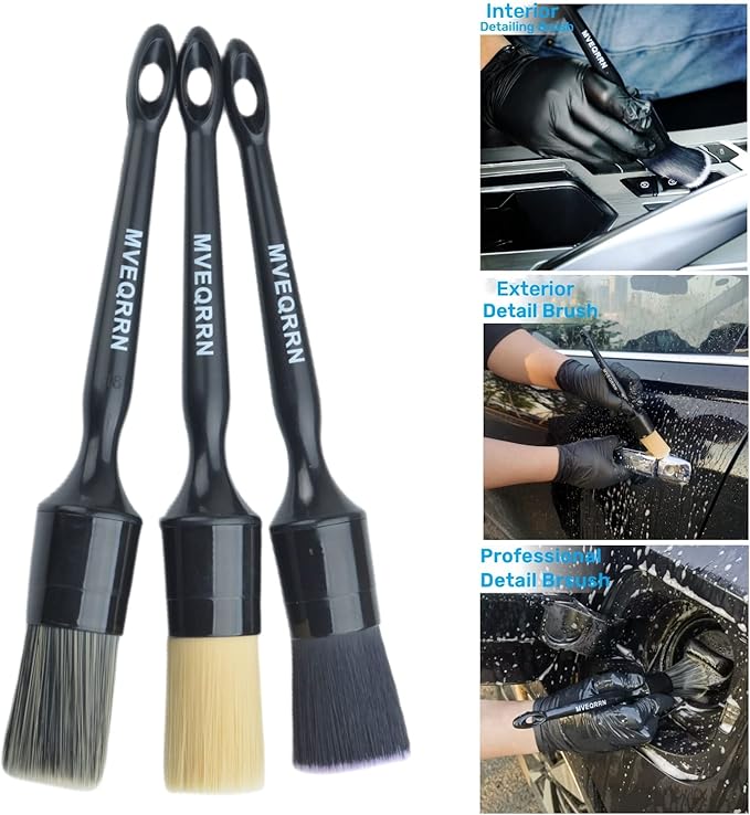 3pcs Car Detailing Brush Set-1pcs Boars Hair Car Detailing Brushes,1pcs Ultra Soft No Scratch Detailing Brush for Air Vent,Leather Seat 1pcs Detail Brushes car Detailing for Interior Exterior