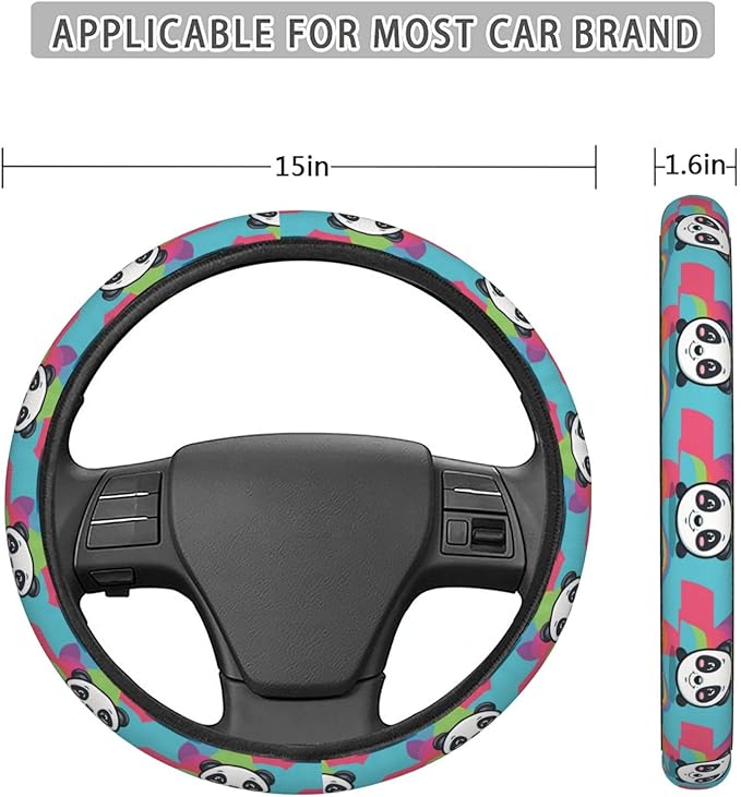 Rainbow Cartoon Cute Panda Steering Wheel Covers Anti-Slip Elasticity Car Accessories Steering Wheel Protector Universal 15 Inch for Cars SUV Vehicle Truck