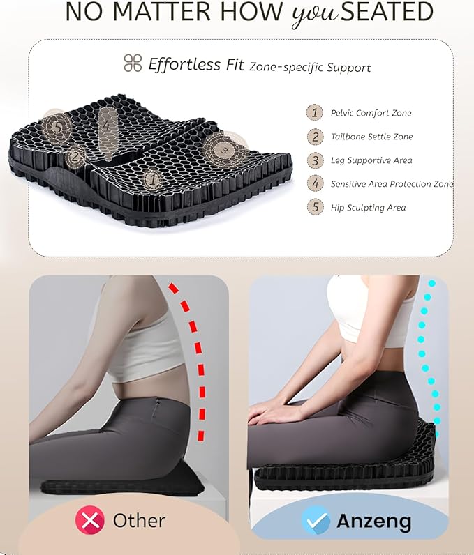 Gel Seat Cushion for Long Sitting & Hip Pain Relief (Large Size) - Cooling 3D Cushions for Office Chair, Car, Wheelchair, Breathable & Non-Slip Cover with Pressure Relief Technology