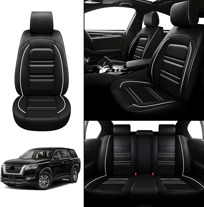 Seat Covers for Nissan Car Pathfinder 2000-2025 | 5-Seats Leather Seat Covers, Easy to Install Automotive Seat Covers Full Set (Full Set, Black&White Line)