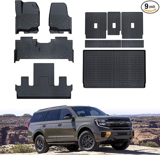 All-Weather Car Floor Mats & Cargo Liner for 2025 Ford Expedition MAX 7 Seats TPE Anti-Slip Full Set Floor Liner with Trunk Mat &2nd/3rd Row Backrest Waterproof Automotive Expedition Max Accessories