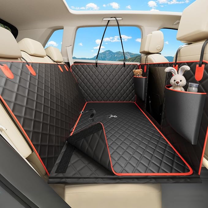 Waterproof Dog Car Seat Cover for Back Seat – Heavy Duty Back Seat Extender for Dogs with Hard Bottom, 7-Layer Protection, Non-Slip & Scratchproof, Easy to Install (Red)
