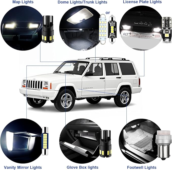 EASY EAGLE LED Interior Car Lights for Cherokee-XJ-1997-2001: 14 Piece Kit White LED Light Bulbs - Super Bright 6000K + Install Tool