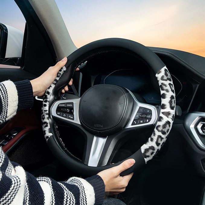 White Leopard Steering Wheel Cover Auto Leather Steering Wheel Protector, Anti-Slip, Breathable, Absorbing Sweat, Universal Leopard Car Accessories 14.5–15 inch,Fit for Most Car, Trucks, SUV
