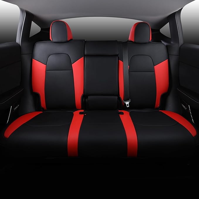 Suitable for Tesla Model Y Seat Covers, Waterproof Faux Leather Car Seat Covers Full Set for Tesla Model Y 2020 2021 2022 2023 2024 (Black+Red)