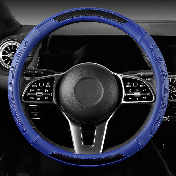 SEG Direct Car Steering Wheel Cover Medium Size 14 1/2"-15" Embossed Microfiber Leather with Carbon Fiber Pattern Blue