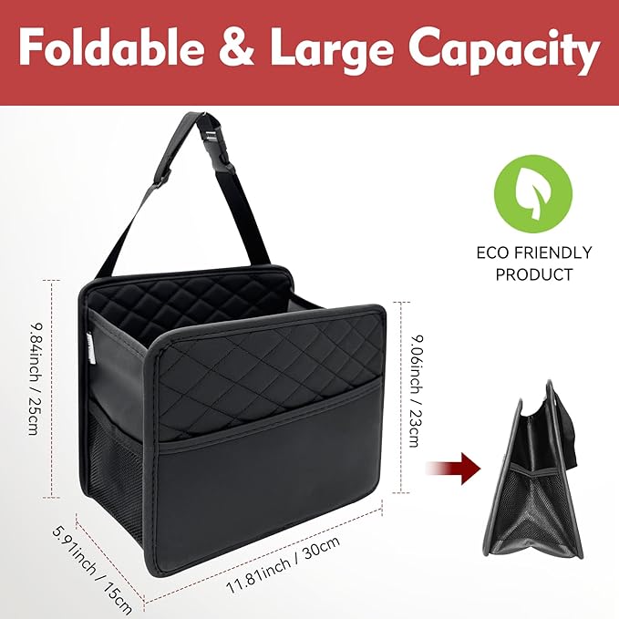 Upgraded Extra Large Car Seat Organizer Backseat with 3 Storage Pockets, Multipurpose Car Organizer Hanging Car Trash Bag Can Premium PU Leather Garbage Can 3 Gallon Large Capacity, Black.