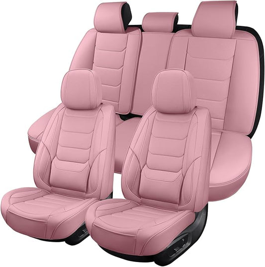 Leather Car Seat Covers Full Set Breathable Automotive Seat Covers Waterproof Seat Protectors Universal Fit for Most Automotive Cars SUV Trucks(Pink, Full Set)