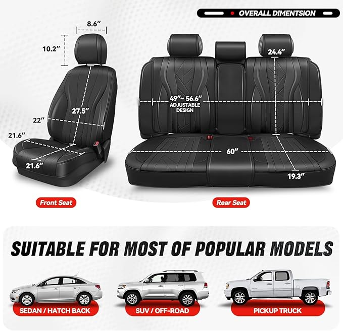 Auto Dynasty Car Seat Covers Full Set, Anti-Slip Automotive Interior Covers with Storage Pocket, Breathable Car Seat Protectors, Airbag Compatible, Universal Fit Most Vehicles, Black (Touring Series)