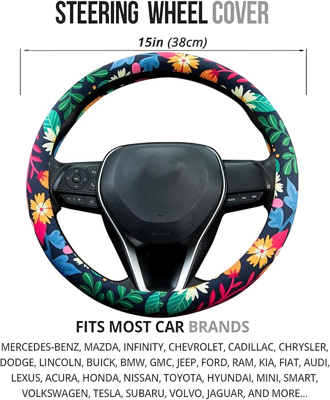 Strawberry Colorful Floral Steering Wheel Cover Auto Steering Wheel Protector, Anti-Slip, Breathable, Absorbing Sweat, Universal Floral Car Accessories 14.5–15 inch
