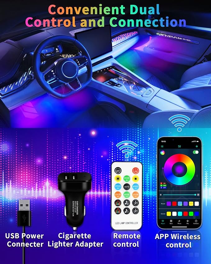 YM E-Bright RGB LED Strip Lights for Car App Control with Remote Led Lights car Interior with Charger Music Sync Under Dash Footwell Neon Lighting Kit w/USB Cable DC 12V