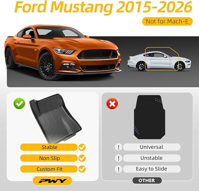 PWY Car Mats for Ford Mustang 2015-2025 2026 (Not for Mach-E), TPE Heavy Duty Automotive Floor Mats, Custom Fit Car Liners, All Weather Floor Liners for Mustang, 4PCS Mustang Interior Accessories
