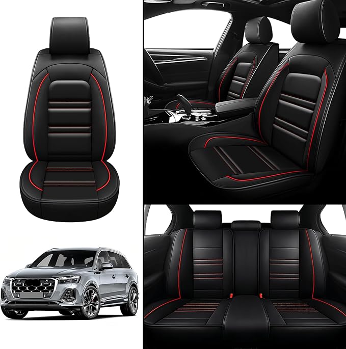Seat Covers for Audi q7 2017-2025 | 5-Seats Leather Seat Covers, Easy to Install Automotive Seat Covers Full Set (Full Set, Black&Red Line)