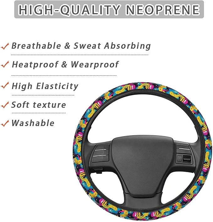 80s 90s Abstract Vintage Steering Wheel Covers Anti-Slip Elasticity Car Accessories Steering Wheel Protector Universal 15 Inch for Cars SUV Vehicle Truck