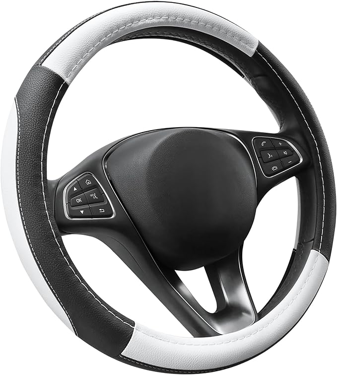 SEG Direct Car Steering Wheel Cover Universal Standard Size 14.5-15 inch, Black and White Microfiber Leather
