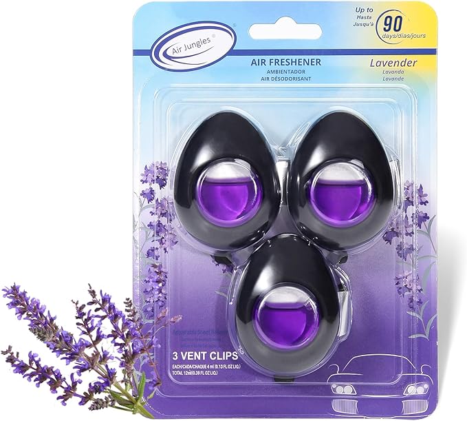 Air Jungles Car Air Freshener Vent Clip 3 Count, Lavender Scent, 4 ml Each, Long-Lasting Car Odor Eliminator, Easy Clip-On Design, Up to 90 Days Freshness for Cars, Trucks, and SUVs