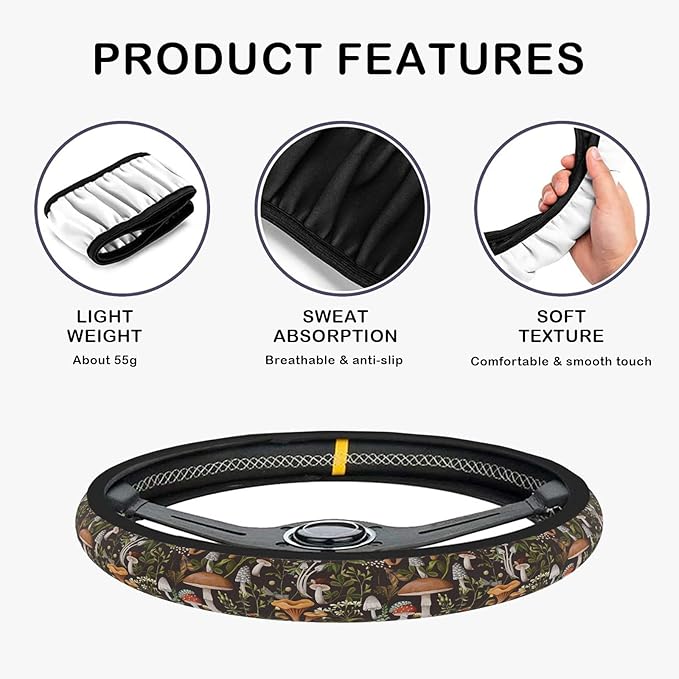 Steering Wheel Cover, Woodland Mushroom Plants Steering Wheel Cover for Women Anti-Slip Universal Mushroom Car Accessories 15 inch Steering Wheel Protector Fit Auto SUV Sedan Vans Trucks