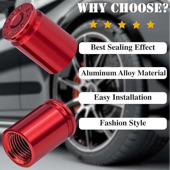 4PCS Bullet Shell Tire Valve Stem Caps, Aluminum Alloy Car Air Stem Cap, Universal Dustproof Tire Valve Stem Covers for Cars, SUV, Trucks, Bikes, Motorcycles, Bicycles (Red)