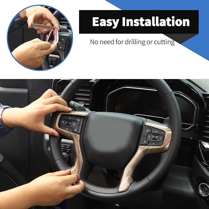 Voodonala for Chevy Silverado Steering Wheel Panel Cover ABS Antidust Carbon Fiber Black Style Steering Wheel Cover Trim Compatible with Chevy Silverado 2019+ (2Pcs/Set,Wood)