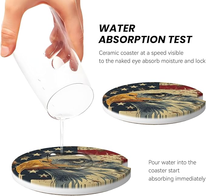 Absorbent Car Coasters for Cup Holders, 2 Pack Universal Anti Slip Ceramic Cup Coaster for Women Men 2.56 Inch Car Interior Accessories - Vintage Bald Eagle American Flag 012