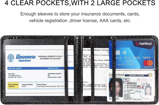 Car Registration and Insurance Holder, Leather Registration and Insurance Card Holder, Vehicle Glove Box Organizer - For Documents, Cards, License (Bling Black)