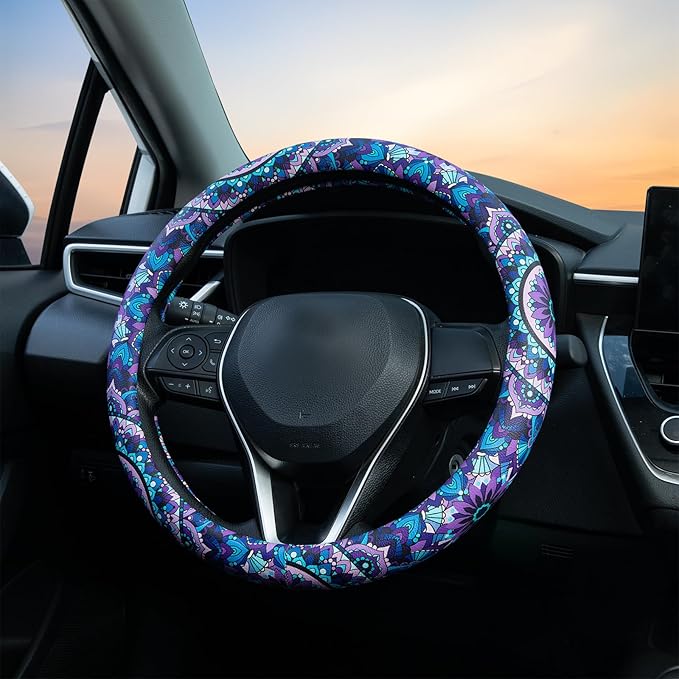 Purple Lotus Mandala Steering Wheel Cover Auto Jacquard Steering Wheel Protector, Anti-Slip, Breathable, Absorbing Sweat, Universal Car Accessories 14.5–15 inch,Fit for Most Car, Trucks, SUV