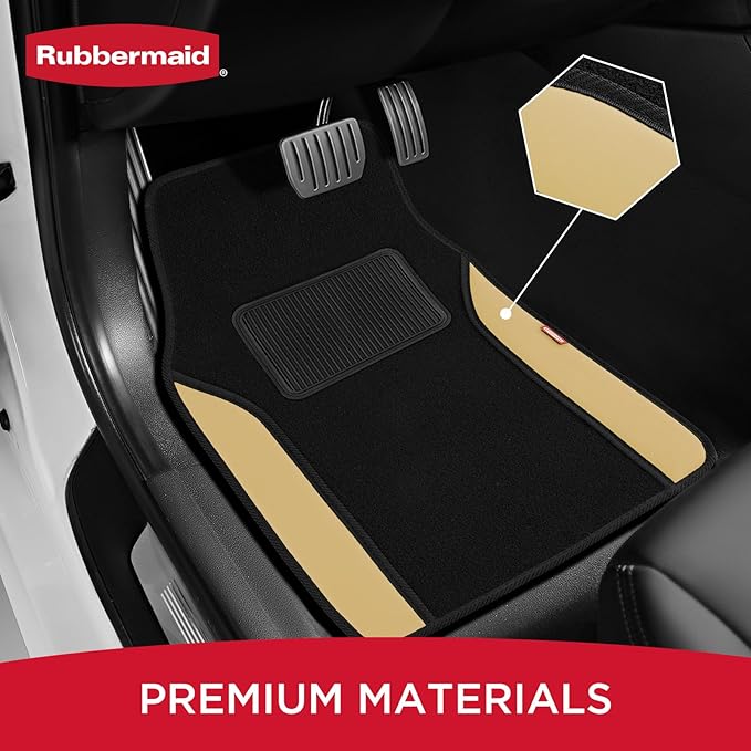 Rubbermaid Car Mats, Carpeted Floor Car Mat with Faux Leather & Built-in Heel Pad, Two-Tone Car Rug Floor Mats, Stylish Carpeted Floor Mats for Cars, Trucks & SUVs Beige Color