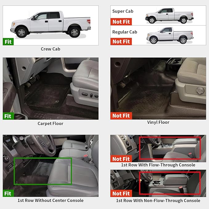 LASFIT Floor Mats for Ford F-150 2011-2014 SuperCrew 1st Row w/o Center Console Carpet Floor All Weather Protector Car Liners TPE Truck Mats, Front & Rear Rows, 3pcs Black