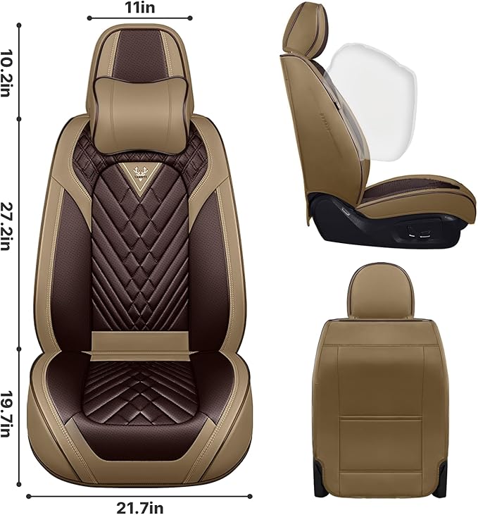 Leather Car Seat Cover Full Set, Waterproof and Protector, Brown&Beige, 5 Seat Cushion, Fits Most Cars
