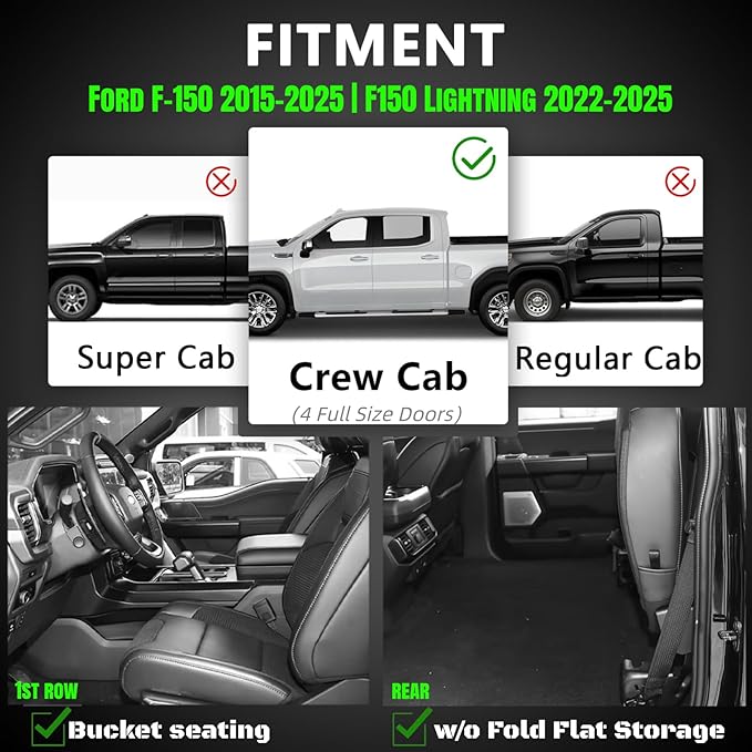TPE All-Weather Floor Mats for 2015-2025 Ford F-150 | F-150 Lightning SuperCrew Cab (Rear w/o Fold Flat Storage) - 1st & 2nd Row, 3pcs Black | Mud Proof & Easy to Clean Car Liners Truck Mats