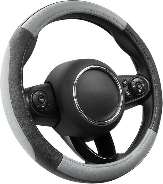 SEG Direct Car Steering Wheel Cover for Prius Civic Model 3 Model Y Camaro, Small Size 14-14.25 inch, Black and Gray Microfiber Leather