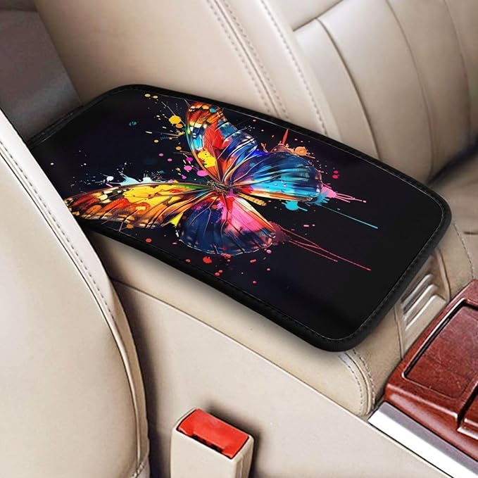 Universal Car Center Console Cushion Pad, Colorful Butterfly Soft Waterproof Car Center Console Cover Auto Armrest Seat Box Cover Protector for Most Vehicle SUV Truck Car