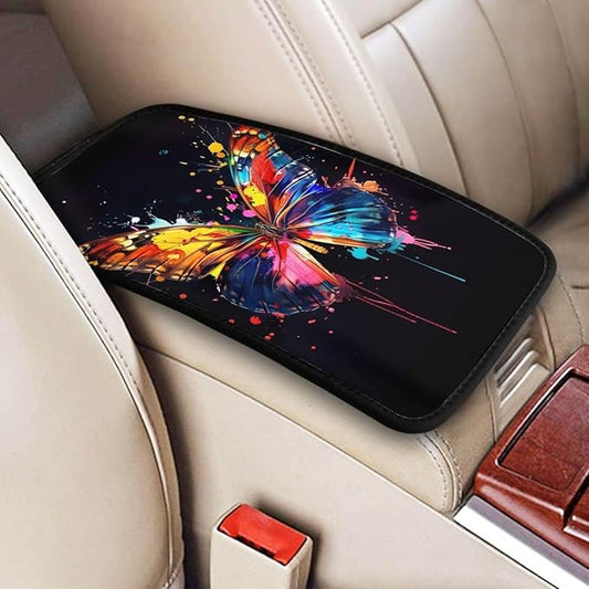 Universal Car Center Console Cushion Pad, Colorful Butterfly Soft Waterproof Car Center Console Cover Auto Armrest Seat Box Cover Protector for Most Vehicle SUV Truck Car