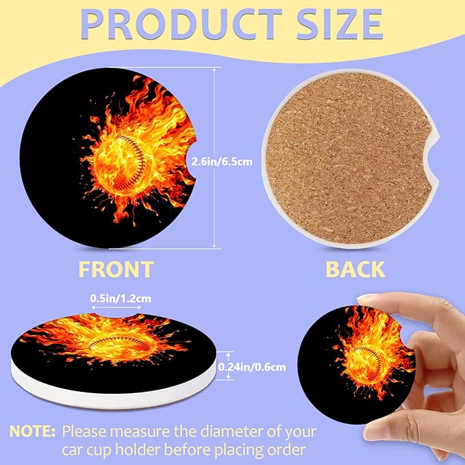 2 Pack Car Cup Holder Coaster-Baseball Absorbent Ceramic Coaster, Car Coasters for Cup Holders,Auto Accessories for Women & Men