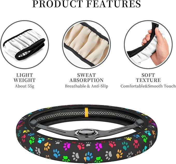Dog Paw Steering Wheel Cover for Women Men, 15 Inches Colorful Animal Paws Neoprene Anti-Slip Cute Universal Car Steering Wheel Grip Wrap Car Accessories Protective Case Cover for Vehicle Truck SUV