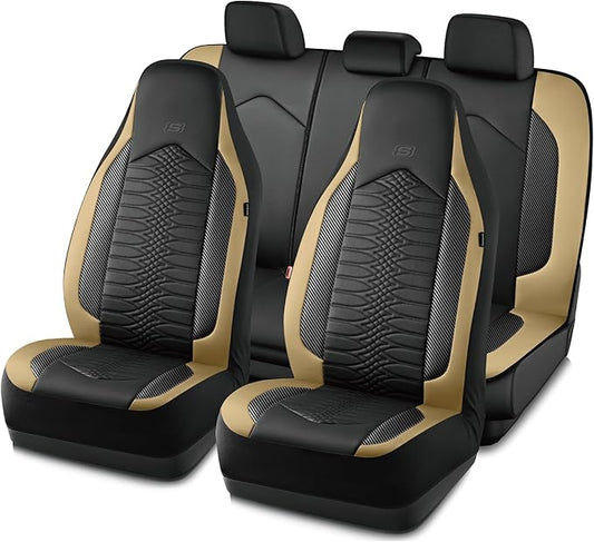 Skechers Memory Foam Car Seat Covers, Leather High Back Seat Covers Quilting Design,Waterproof Sports Car Seat Covers Full Sets,Airbag Compatible, Universal Fit for Most Cars, SUVs,Trucks,Beige