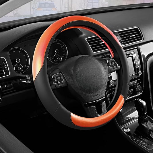 Road Comforts Steering Wheel Cover – Breathable Leather Steering Wheel Cover, Anti-Slip Grip, Universal Fit 14.5” to 15”, Heat & Cold Resistant for Cars, SUVs, and Trucks – Black & Shining Orange