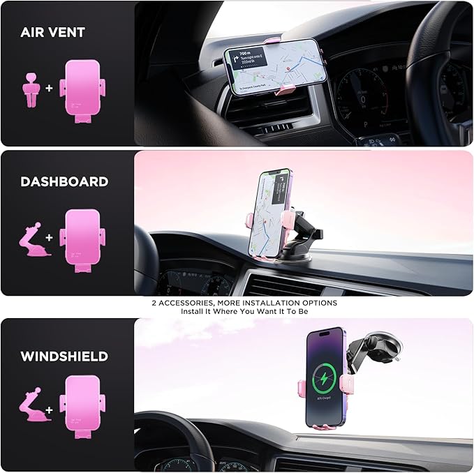Wireless Car Charger,【7 Colored LED Backlit】 15W Auto Clamping Car Charger Phone Mount Holder fit for iPhone 14 13 12 Mini Pro Max 11 XR XS, Samsung Galaxy S23 Ultra S22 S21+ S10+ Note 20, etc - Pink