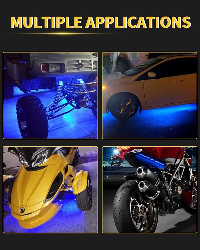 YM E-Bright Blue Led Strip Lights for Cars, 30CM Waterproof Car Underglow Lights Motorcycles Golf Cart Boat Decoration Led Interior Exterior Lights Strip,DC-12V,Pack of 4