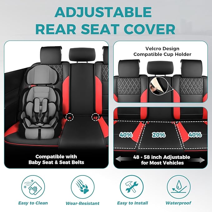 Red and Black Car Seat Covers Only Front 2pc - Breathable Faux Leather Universal Seat Covers for Cars, Automotive Protector Fit for Most Sedan SUV Pick-up Truck