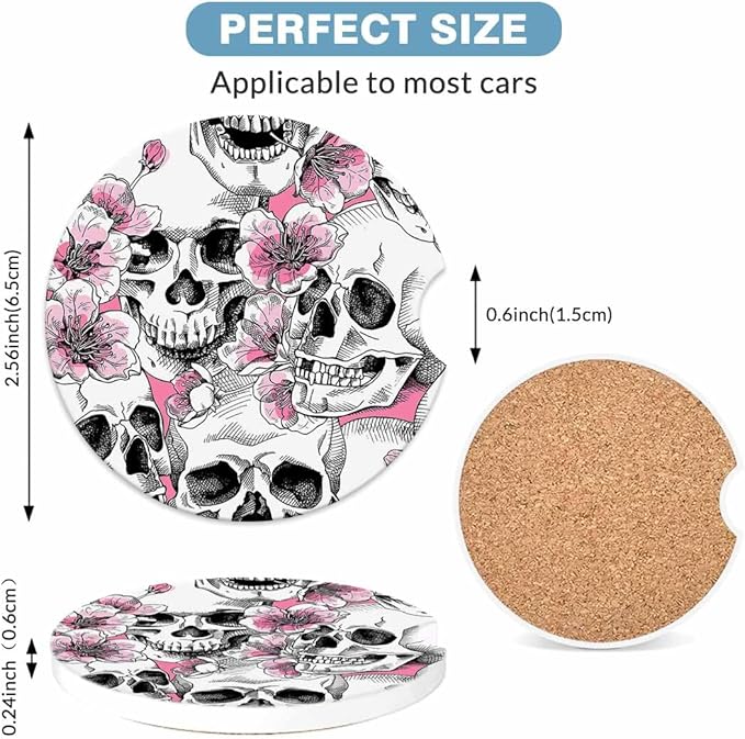 Skull and Flowers Car Cup Holder Coaster 2 Pack Absorbent Ceramic Car Coasters for Cup Holders Car Accessories Interior for Women Men Universal Anti Slip Cork Base Cup Coasters with Finger Notch