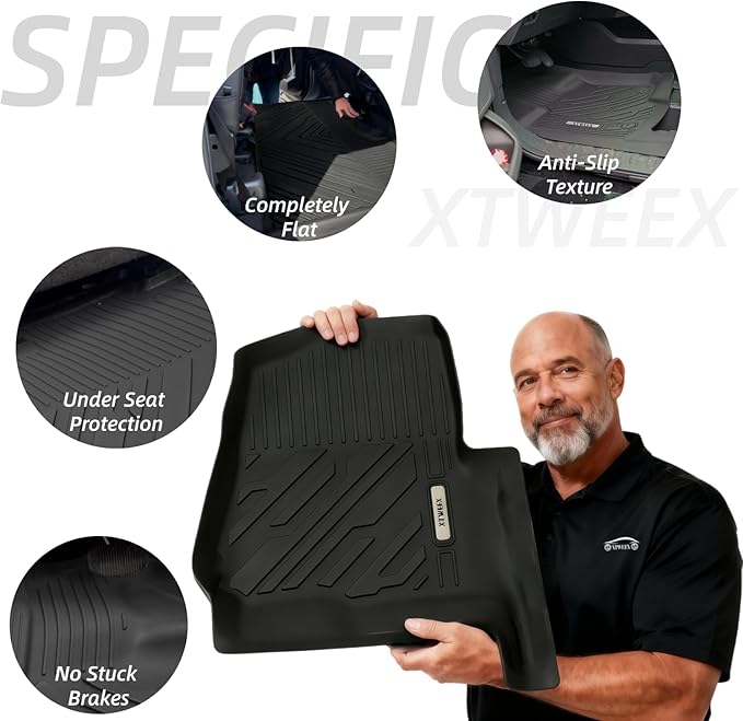 TPE All-Weather Floor Mats for 2015-2025 Ford F-150 | F-150 Lightning SuperCrew Cab (Rear w/o Fold Flat Storage) - 1st & 2nd Row, 3pcs Black | Mud Proof & Easy to Clean Car Liners Truck Mats