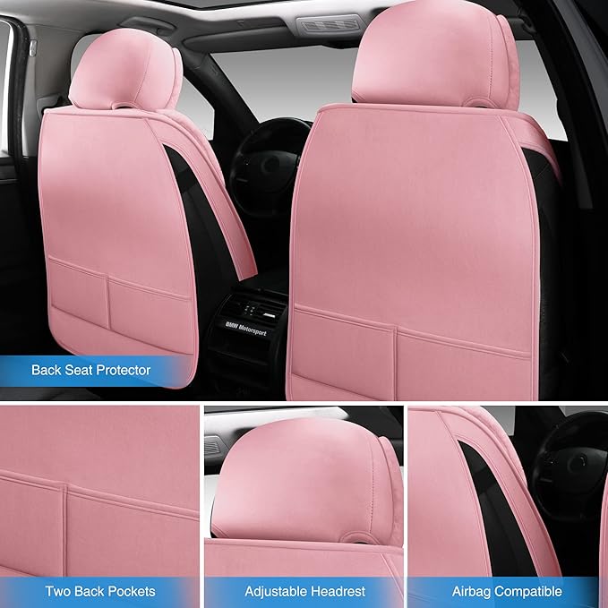 AOOG Fuzzy Leather Car Seat Covers, Heated Front Bench Back Cushion Protector for Cars SUV Trucks (Front seat, Pink)