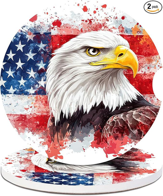 2 Pack Car Cup Holder Coaster-American Flag Eagle Absorbent Ceramic Coaster, Car Coasters for Cup Holders,Auto Accessories for Women & Men