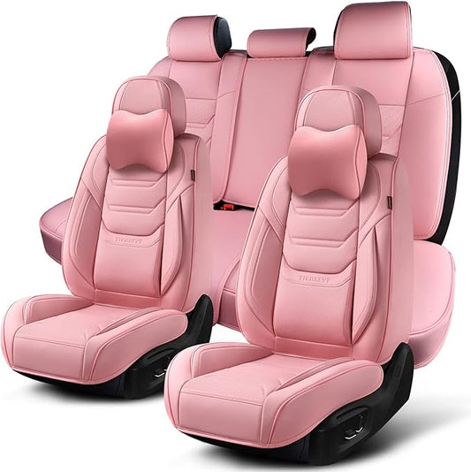 Pink Car Seat Covers Full Set, Breathable Leather Automotive Front and Rear Seat Covers with Headrest, Waterproof Auto Seat Protectors Fit for Most Sedans SUV Pick-up Truck