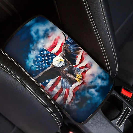 Armrest Cover-Cute Center Console Mat Cars Interior Accessories for Women Men,Protection Pad Fit Most Auto,Vehicle, SUV, Truck Arm Rest Box, Eagle with USA Flag