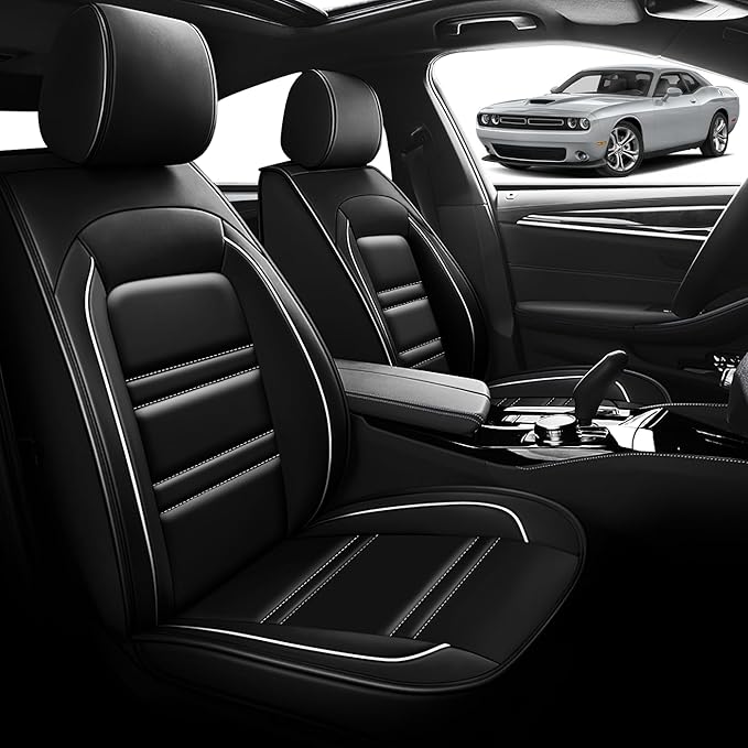 Seat Cover for Dodge Challenger 2008-2023 | Car Seat Covers Front Seats, Waterproof Seat Protectors, Automotive Front Seat Covers (Front Seat, Black&White Line)