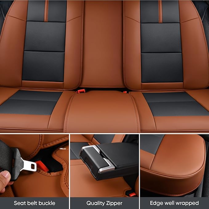 Auto Car Seat Covers Accessories Full Set Leather Cushion Protector Breathable Waterproof Seat Cover for Cars Universal Fit (Brown&Black, FullSet Without Headrest)