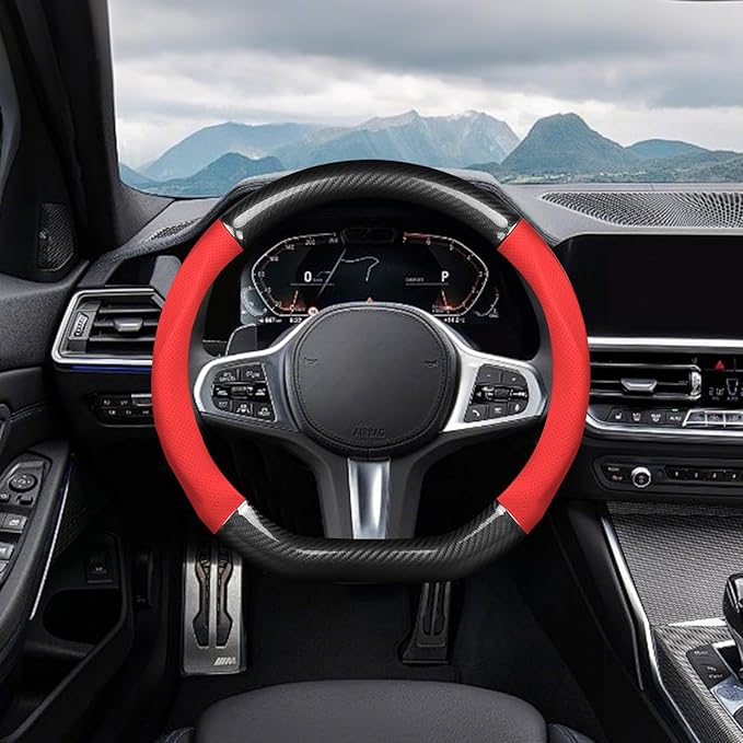 Ergocar Car Steering Wheel Cover Non-Slip Car Steering Wheel Protector Sport D-Shape Carbon Fiber & PU Leather Universal for Diameter 38cm(15") (Black-red)